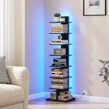 Imagem de TUTOTAK Estante estreita, estante de livros de 8 camadas com luzes LED, prateleira de livros lombada para espaços pequenos, prateleira de canto para sala de estar, escritório, escritório, entrada
