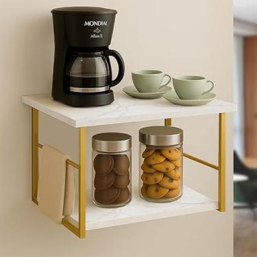 Imagem de Bancada para Cafeteira e Potes com Estrutura de Ferro e Prateleira com Pintura em Marmore