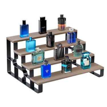 Imagem de Prateleira moderna de 4 camadas de colônia e perfume, madeira cinza com moldura preta, suporte organizador de bancada para armazenamento de fragrâncias (nogueira, 4 camadas - largura = 35,5 cm)