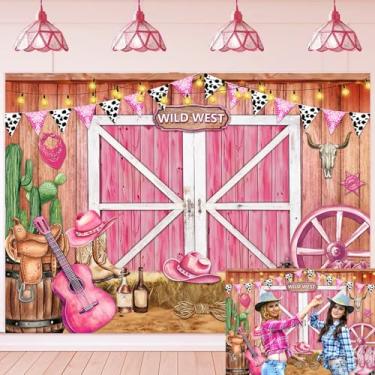 Imagem de Pano de fundo de vaqueira rosa vaqueira ocidental selvagem oeste de madeira porta de celeiro para decoração de festa de aniversário com tema ocidental (210 x 150 cm)
