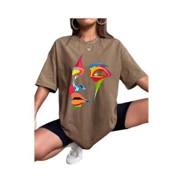 Imagem de Camiseta Feminina Confortável E Respirável Com Estampa De Rosto De Sen