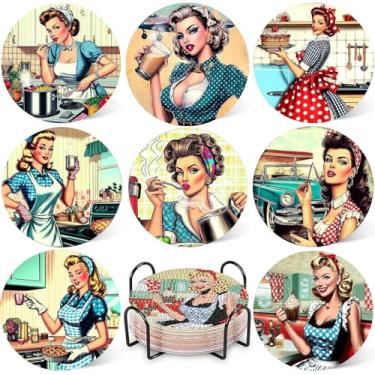 Imagem de DOTZSO 8 peças de kits de porta-copos de arte de diamante retrô com suporte, porta-copos de pintura de diamante para adultos iniciantes, decoração de casa abstrata, presentes divertidos para mulheres