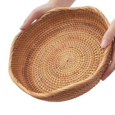 Imagem de Cesta de pão de vime para servir, cesta de frutas tecida à mão, cesta de vime natural para organizar pão, lanche, frutas, legumes, cozinha e balcão de jantar (onda média)