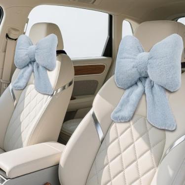 Imagem de iHUFeather Pacote com 2 almofadas de encosto de cabeça de carro de pelúcia para viagem, dirigir, escritório, cadeira, almofadas, também acessórios fofos para decoração de carro (azul)