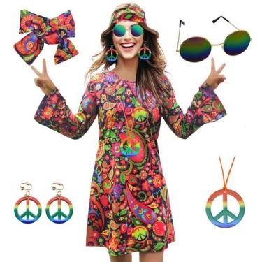 Imagem de Vestido de fantasia MRYUWB Hippie dos anos 70 com colar, brincos, ócul