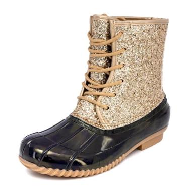 Imagem de Sugar Botas femininas de pato com glitter | Sola elegante com cadarço e tração aconchegante | Perfeita para dias frios, chuvosos ou com neve | Botas da moda - Skipper, Brilho dourado náutico, 7