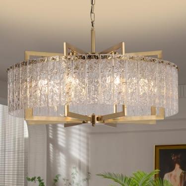 Imagem de KINGTORO Luminária de lustre dourado de cristal, pingente de cristal de luxo de 8 luzes com corrente ajustável, montado no teto para sala de jantar, cozinha, sala de estar, hall de entrada - 76 cm