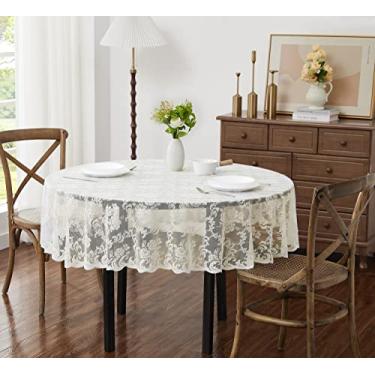 Imagem de LinenZone Toalha de mesa redonda marfim extra grande para decoração vintage rústica. Toalha de mesa de renda transparente funciona muito bem como toalha de mesa de casamento ou capa de mesa de Ação de