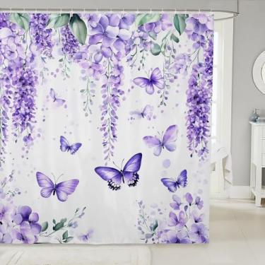 Imagem de Feelyou Cortinas de chuveiro borboleta aquarela floral roxa cortina de banheiro para crianças mulheres homens flores acessórios de banheiro tecido de poliéster impermeável para barracas banheiras 183