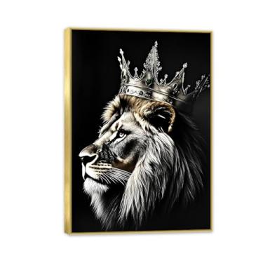 Imagem de Rei Leão com coroa dourada arte de parede em tela preto e branco de animais selvagens africanos imagem leão com coroa imagens decoração de parede para escritório, quarto, decoração de casa, 85 x 60 cm