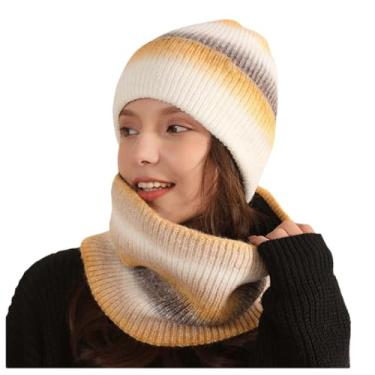 Imagem de Conjunto de cachecol feminino, cor gradiente, felpudo, gorro de malha, gorros de lã grossa, amarelo, tamanho único