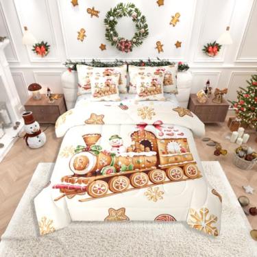 Imagem de Erosebridal Conjunto de edredom infantil solteiro com estampa de trem de gengibre, 7 peças, para crianças, meninos, meninas e adultos, conjunto de cama de boneco de neve de Natal em uma bolsa