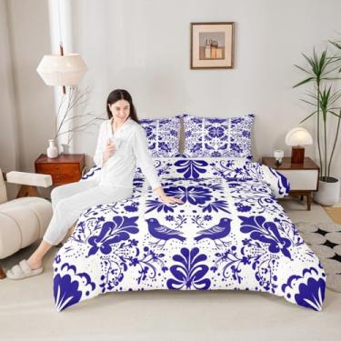 Imagem de Erosebridal Conjunto de edredom Queen mexicano Talavera – Conjunto de cama vintage floral mexicano, colcha étnica de retalhos para crianças e adultos, decoração de quarto estética, flor azul e branca