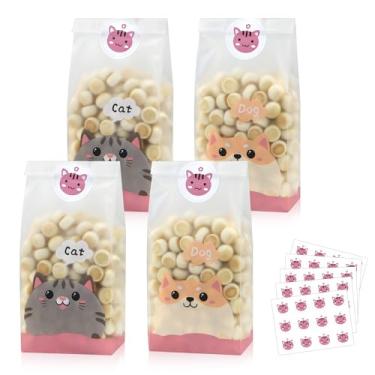Imagem de 50 unidades de sacos de biscoito para cães e gatos com adesivos fofos com tema de animal de estimação sacos de guloseimas de plástico celofane para cachorrinhos e gatinhos, bolsa de presente