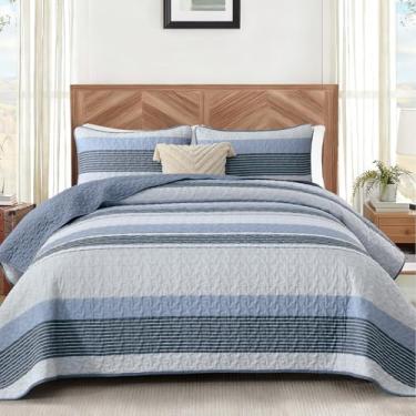 Imagem de Conjunto de colcha king size, azul claro, listrado, 3 peças, colcha de retalhos de verão, azul e cinza, conjunto de cama leve com 2 fronhas, conjunto de edredom de microfibra macia para todas as