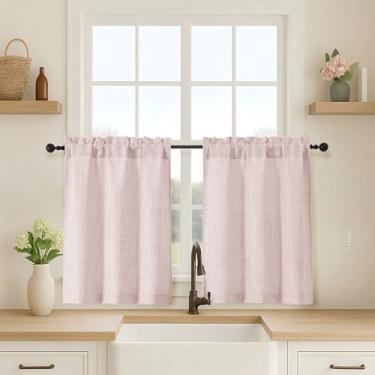 Imagem de OVZME Cortinas de cozinha rosa blush 76 cm de comprimento, cortinas de janela pequenas texturizadas de linho sintético com filtragem leve sobre a pia, cortina curta de meia janela para armário e