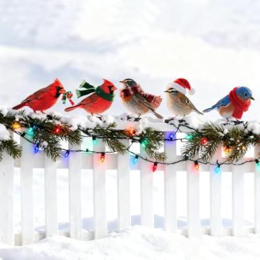 Imagem de HUYIENO 5 peças de decoração de pássaros de metal vibrante, decoração de cerca de Natal, pássaros coloridos de jardim para cercas, pátio e decoração ao ar livre para enfeite de Natal