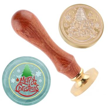 Imagem de Carimbo de lacre de cera de Natal Merry Christma carimbo de latão e uma alça de madeira para cartões de Natal, convites de festa, envelopes de cartas, cartões de felicitações, presentes