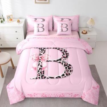 Imagem de Feelyou Conjunto de edredom solteiro com letra B para crianças, meninos, meninas, estampa de leopardo, 7 peças, laço e alfabeto em um saco, microfibra macia