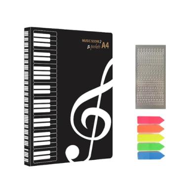 Imagem de QISHENG Conjunto de pasta de folha de música - papel A4 com 40 bolsos, durável, impermeável, suporte para partituras musicais com adesivos de notas e letras adesivas para músicos/pianistas/amantes de