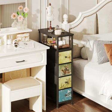 Imagem de Cômoda estreita, mesa de cabeceira estreita, torre de armazenamento com 4 gavetas, cômoda de tecido fino para pequenos espaços, cômoda de flores retrô, para quarto, banheiro, lavanderia (preto)