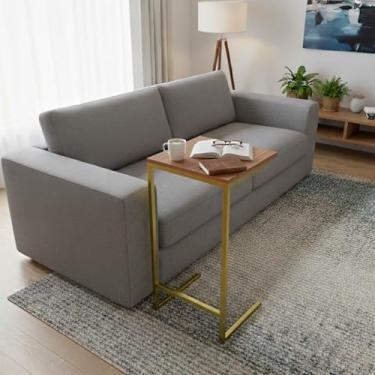 Imagem de Mesa Mesinha Zafira Lateral para Sofá Notebook Home Office Moderno (Freijó/Dourado)