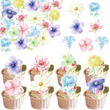 Imagem de Pacote com 60 enfeites de cupcake de flores comestíveis, papel de arroz, lindas flores, palhetas de cupcake para casamento, chá de bebê, festa de aniversário, decoração de bolos