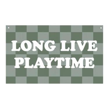 Imagem de Faixa Long Live Playtime, faixa de lona de linho com padrão xadrez verde para decoração de parede de berçário e sala de jogos para crianças, decoração moderna de quarto para meninos e meninas