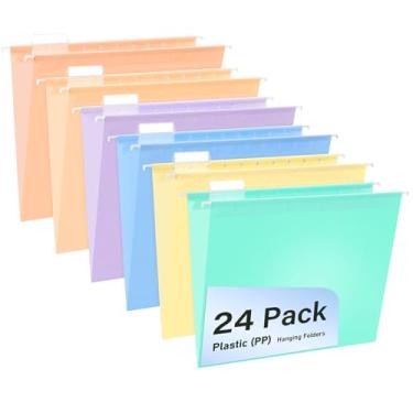 Imagem de WORPSON Pastas de arquivo de plástico para pendurar, pacote com 24 pastas para pendurar em pastel, tamanho carta com abas cortadas em 1/5, forte para arquivos em massa, documentos e papel, arquivo de