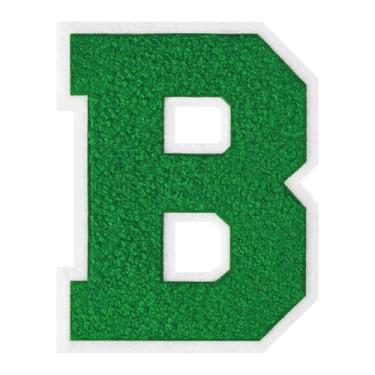 Imagem de 1 peça de patch de letra de chenille verde de 15 cm com borda branca – adesivos do alfabeto para roupas, jaquetas, mochilas, chapéus para decoração personalizada, nome personalizado e artesanato. (B)