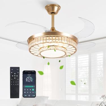Imagem de SAMPHON Ventiladores de teto retráteis de 107 cm com luzes, ventilador de teto de lustre de cristal com controle remoto e aplicativo, lustre de LED regulável moderno para sala de estar, sala de jantar