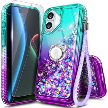 Imagem de Capa NGB projetada para iPhone 17, Aqua/Roxo | Capa de telefone fofa com glitter líquido brilhante para mulheres e crianças | com protetor de tela de vidro temperado, suporte de anel e cordão de pulso