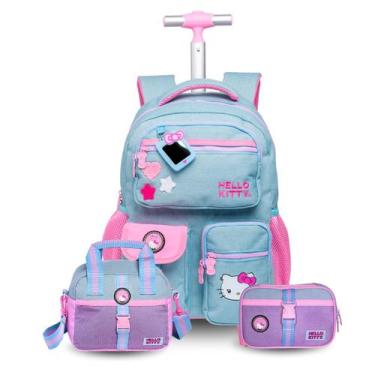 Imagem de Mochila Rodas Lancheira Térmica Estojo Box Hello Kitty Jeans - Xeryus