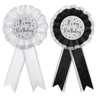 Imagem de Broche It's My Birthday, 2 peças de tecido de cetim Happy Birthday Button Badge para homens mulheres vestuário pin prêmio fita emblema celebração acessório decoração festa presente preto branco