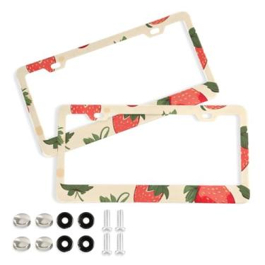 Imagem de Wassud Linda moldura de placa de licença de morango com parafusos, 2 pacotes de molduras decorativas de etiqueta de carro de alumínio, acessórios de carro de aço inoxidável para mulheres e homens