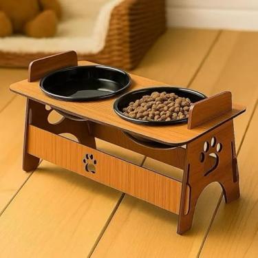 Imagem de Comedouro Elevado para Cães e Gatos, Tigela Dupla de Madeira com Potes Removíveis, Alimentador para Animais de Estimação