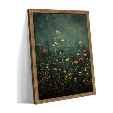 Imagem de Arte de parede emoldurada de campo de flores silvestres, decoração de parede de flores botânicas vintage, arte em tela floral de casa de fazenda moderna, imagens de paisagem de campo verde para sala
