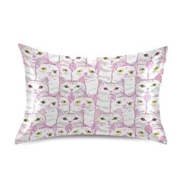 Imagem de Travesseiros padrão King Queen Cute Pink White Cats Animal Cetim Fronhas Decorativas Floral Decoração de Cama Fronha King Size 101.6 cm x 50.8 cm