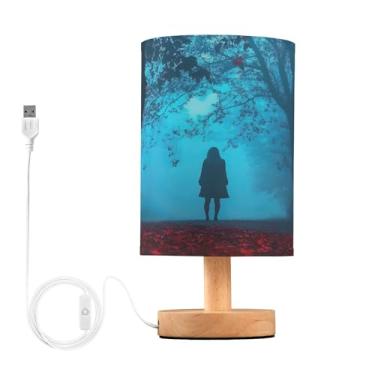 Imagem de Joisal Floresta mística com silhueta de luz noturna, abajur de mesa minúsculo, abajur de linho, lâmpada pequena para sala de estar, decoração de mesa de cabeceira