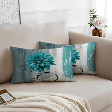 Imagem de Miuyunya Pacote com 2 capas de almofada decorativa turquesa moderna 45,7 x 45,7 cm Capas de almofada lombar abstrata azul óleo floral pintura floral fronha decoração de casa de fazenda para sofá