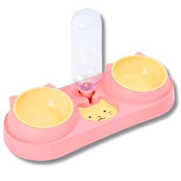 Imagem de Comedouro Bebedouro Automático Triplo para Cães e Gatos Tigela 3 em 1 Antiderrapante Fácil de Limpar - 41 * 15.5cm, Ideal para Famílias Brasileiras com Pets(Rosa)