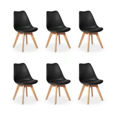 Imagem de Kit c/6 cadeiras Leda  Charles Eames, Saarinen Wood com almofada preta