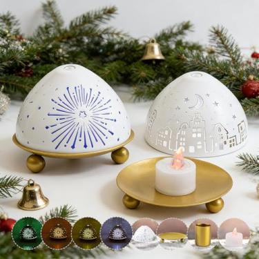 Imagem de Castiçais de Natal com luzes LED que mudam de cor, conjunto de 2 candelabros de metal premium para centros de mesa, suporte de vela de pilar de candelabro de LED para decoração de Natal