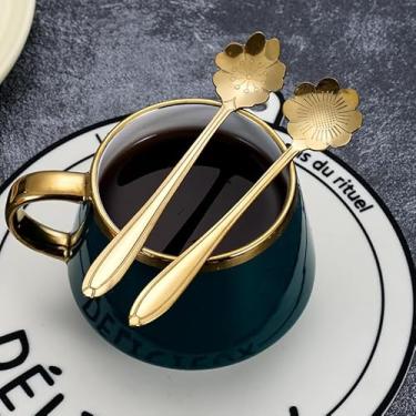 Imagem de Conjunto de 4 colheres de chá de flores em aço inoxidável dourado com alça floral para servir café, sorvete e sobremesa, GoldenShort