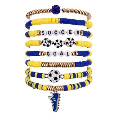 Imagem de 7 Peças Pulseiras de Futebol em Argila Macia, Elásticas Empilháveis Pulseiras Esportivas para Homens e Mulheres Jogadores e Fãs Lembrancinhas para Festas Temáticas de Futebol