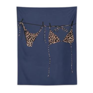 Imagem de Tapeçaria de biquíni online, estampa de leopardo, fundo azul escuro, arte minimalista, decoração de casa temática de praia, decoração de casa para quarto, banheiro, ambiente de verão, tapeçaria 76 x