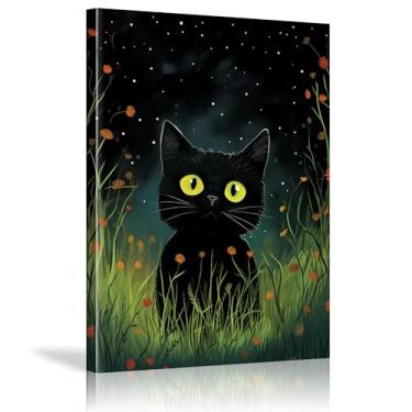 Imagem de Arte de gato preto impressões de parede de animais fofos pôsteres decoração estética decoração de parede para casa escritório galeria sala de estar quarto - (75 x 100 cm) moldura interna 76.2x99.1 cm