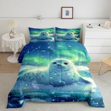 Imagem de Conjunto de edredom infantil com selo de desenho animado, tamanho Queen, luzes polares do norte do Ártico, decoração de quarto de meninos e meninas, lindo leão marinho submarino, edredom azul, 2
