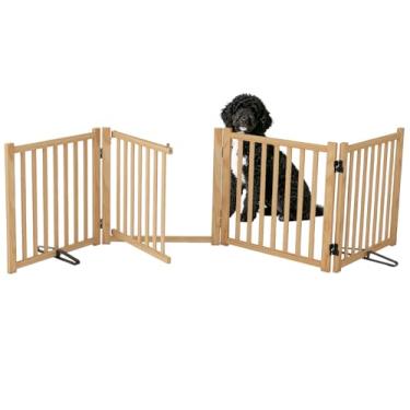 Imagem de Portão independente de madeira maciça para animais de estimação com porta, portões de madeira natural para portas de casa, portão para animais de estimação para escadas, cerca de segurança