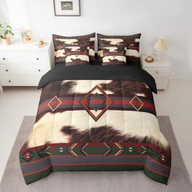 Imagem de Conjunto de edredom Queen com estampa de pele de vaca para crianças, meninos, meninas, 7 peças, cama de caubói em uma bolsa, decoração de quarto de animais de fazenda ocidental, vermelho, cinza, verde